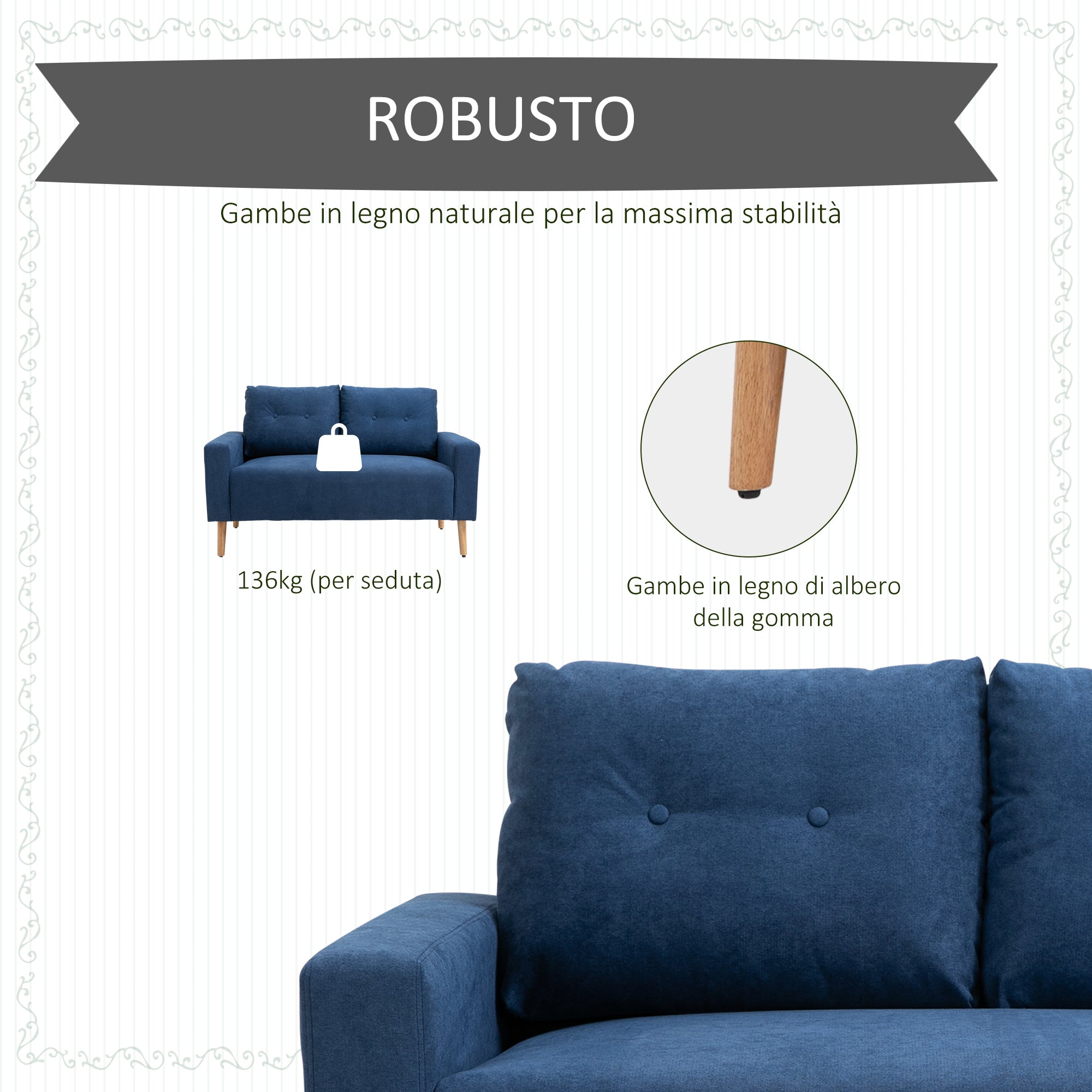 Nordic Style Modern Quilted 2 Seater Sofa, Polyester and Wood, 145x76x88 cm, Blue