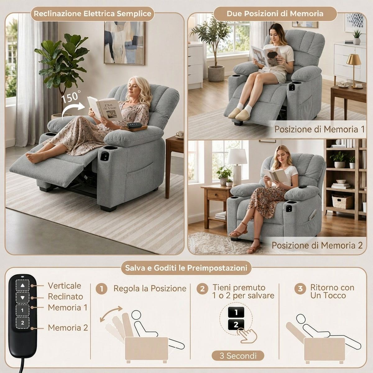 HOMCOM 150° Electric Reclining Relax Chair with Footrest, Wide Seat, Quiet, Velvet, Grey