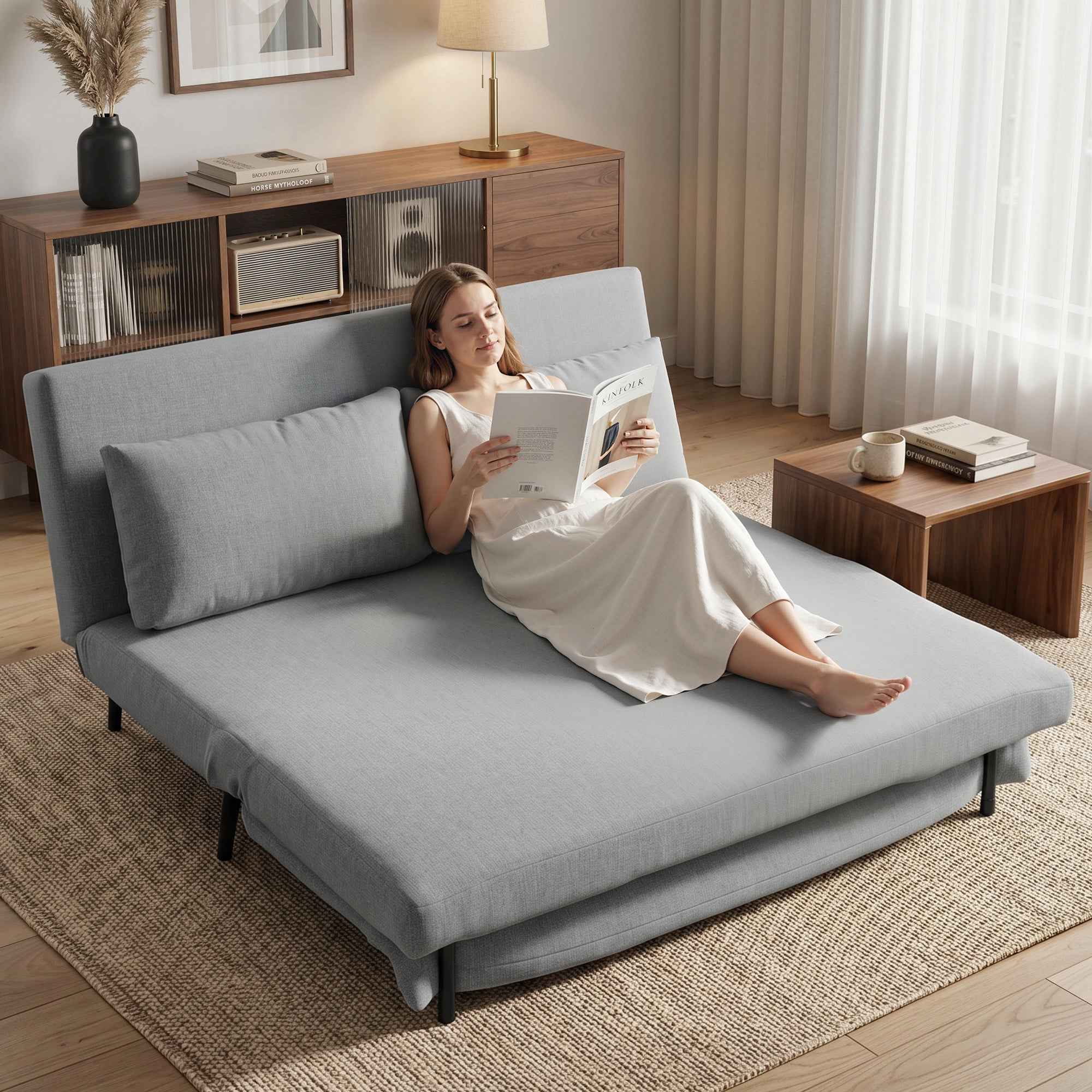 HOMCOM 3-in-1 2-Seater Sofa Bed in Linen Effect Fabric with 2 Cushions, Wood and Steel Frame, Light Grey
