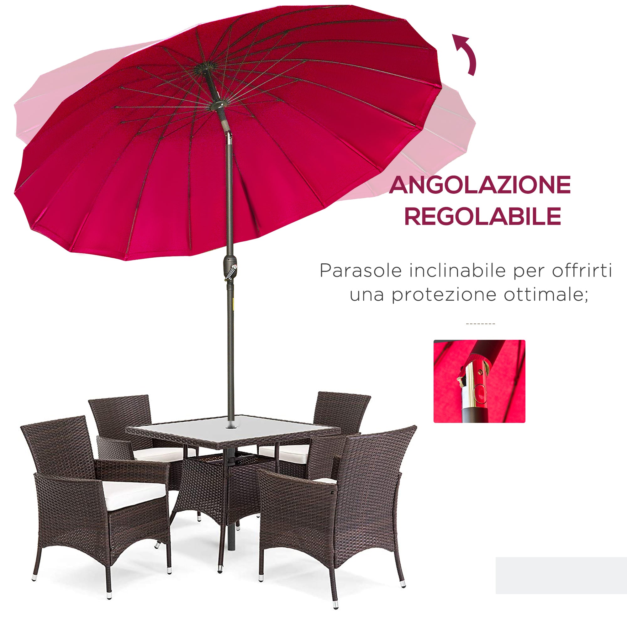 18-Ribbed Folding Round Umbrella with Crank Handle, Metal and Polyester, Ø250x240 cm, Wine Red