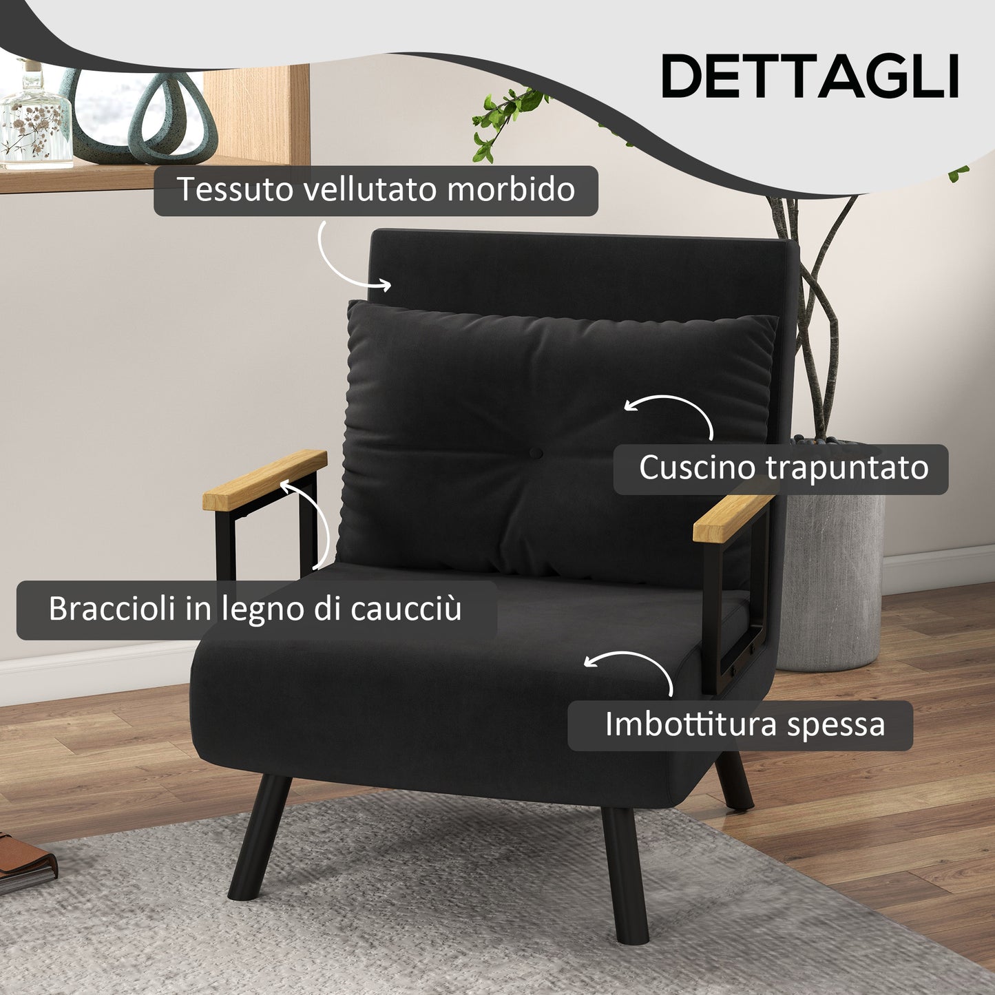 Velvet Black, 3 in 1 Sofa Bed with 5-Position Reclining Backrest and Cushion, 63x73x81 cm, Black