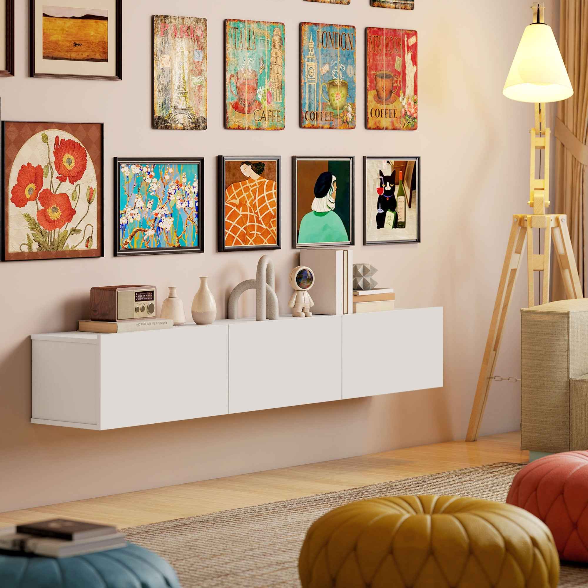 HOMCOM Wall-Mounted TV Stand for up to 82" with 3 Drop-Down Cabinets and Soft-Close Doors, White