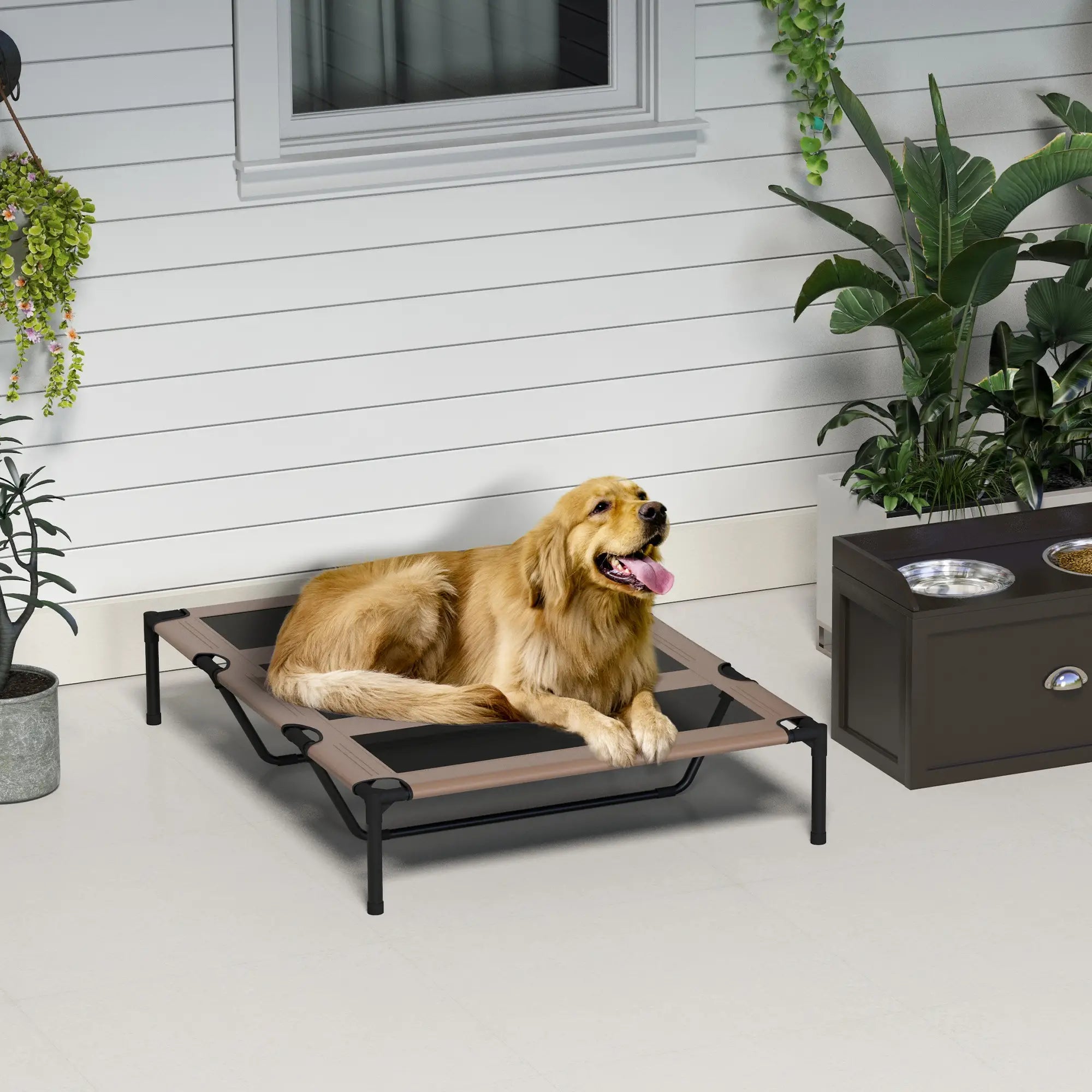 Dog Bed for Large Dogs up to 50kg, Metal and Oxford Fabric, 122x92x23 cm, Brown - Borge' Group Limited