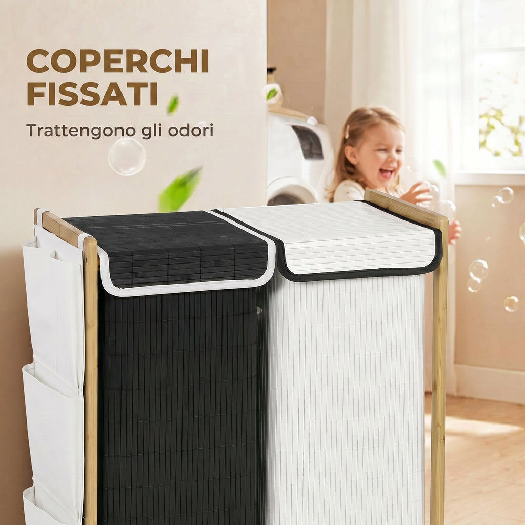 HOMCOM 120L 2-Compartment Laundry Hamper with Lids, Side Pockets, Removable Bags for Bedroom