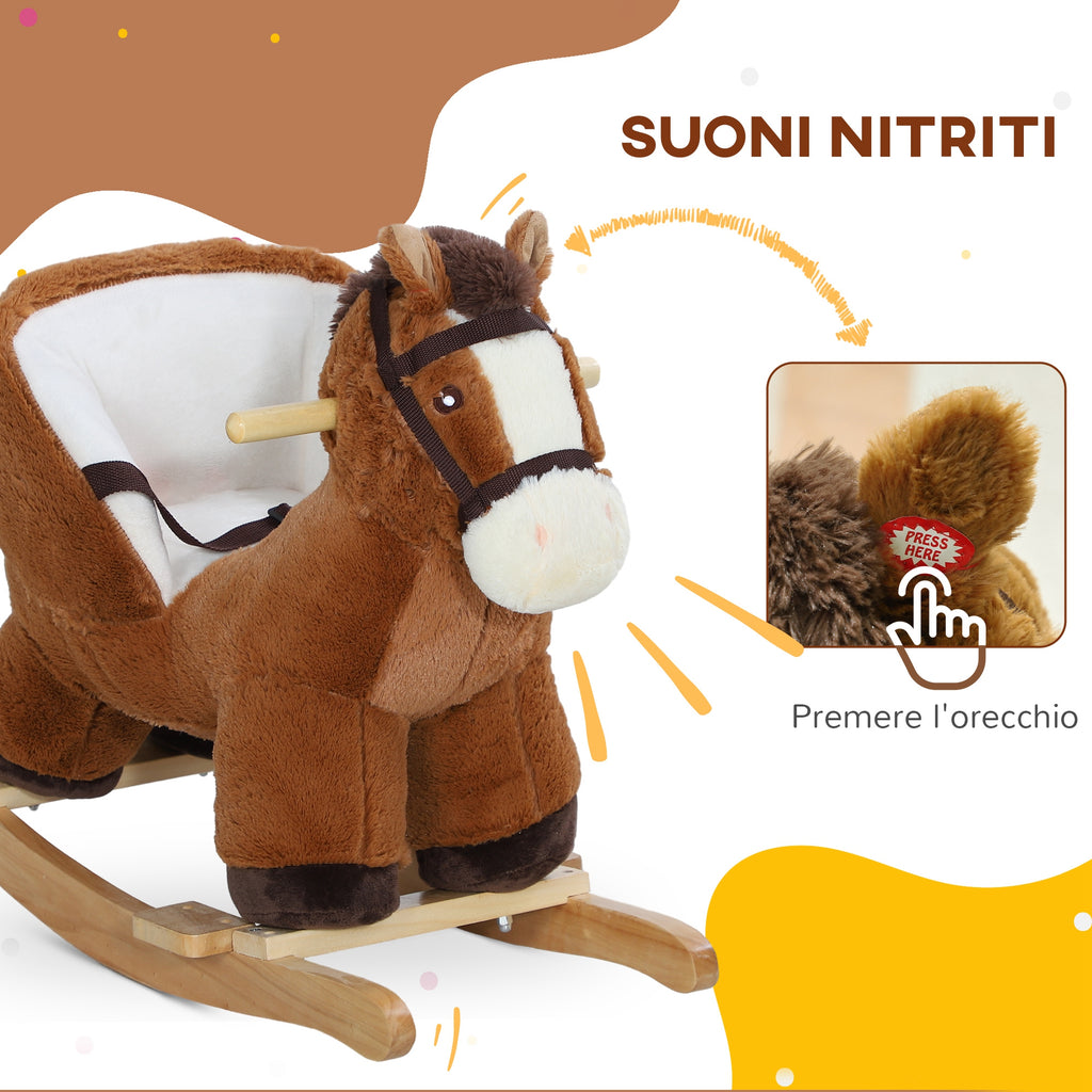 Rocking Horse for Babies 18-36 Months with Sounds, Wooden Base and Safety Belt, Brown
