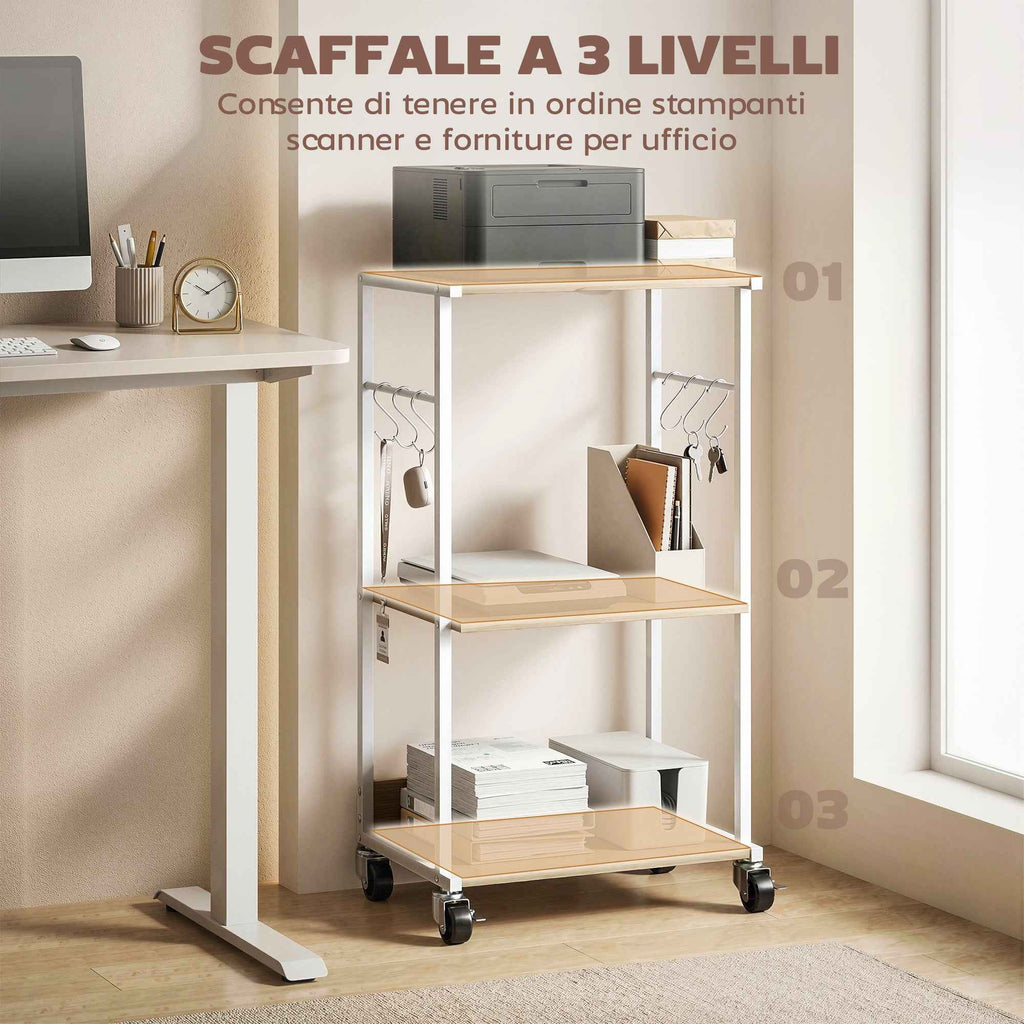 HOMCOM 3-Tier Printer Stand with Wheels and Hooks, Natural