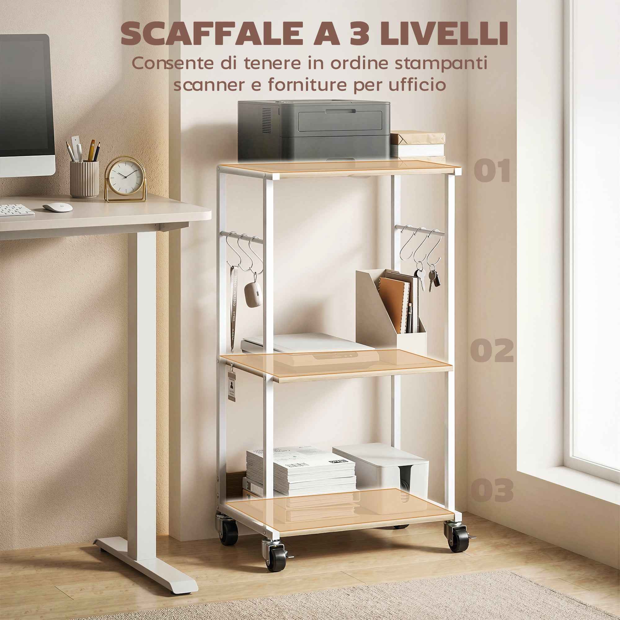 HOMCOM 3-Tier Printer Stand with Wheels and Hooks, Natural