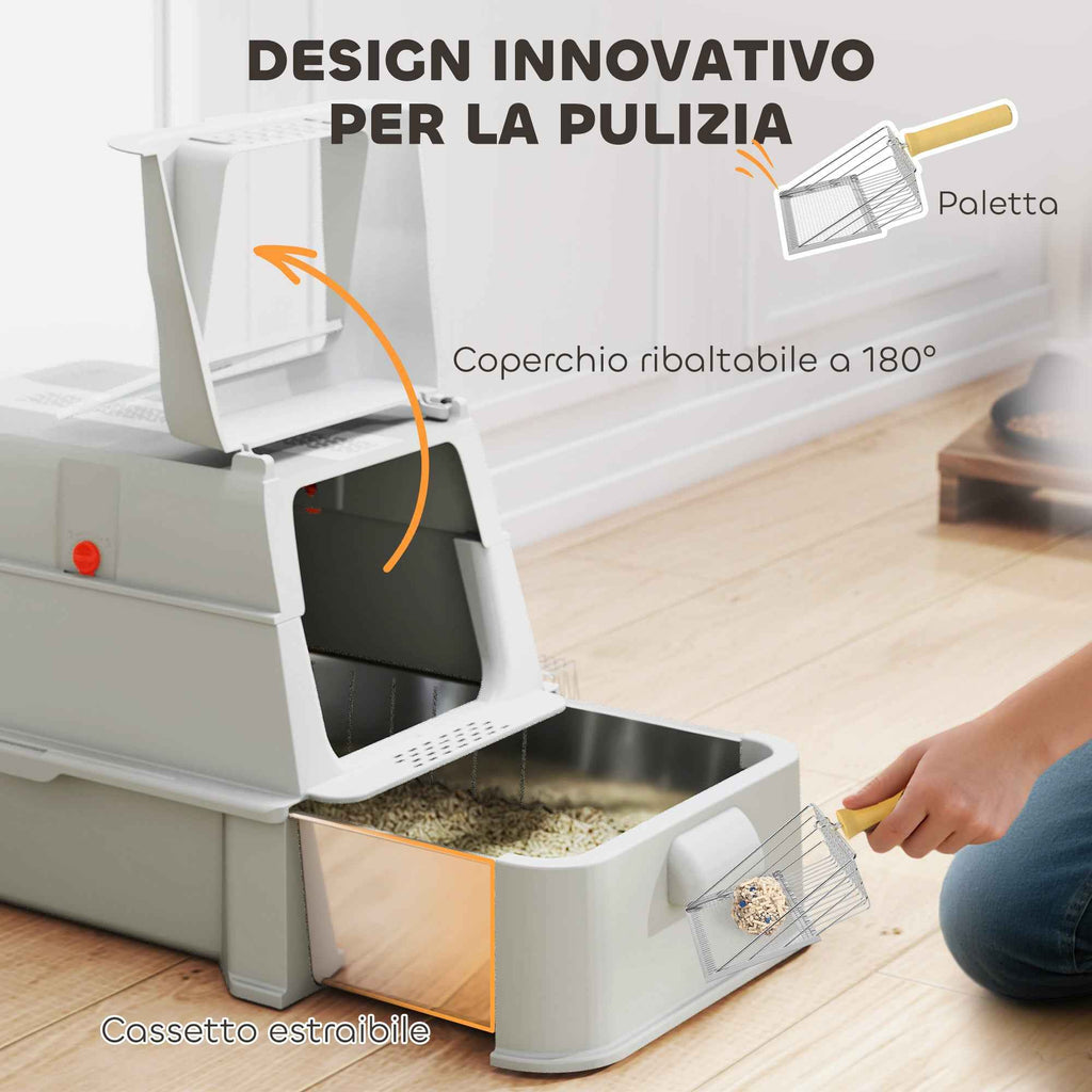 PawHut 80L Enclosed Cat Litter Box with Removable Tray, ABS and Stainless Steel, 63x43x43 cm, Light Grey