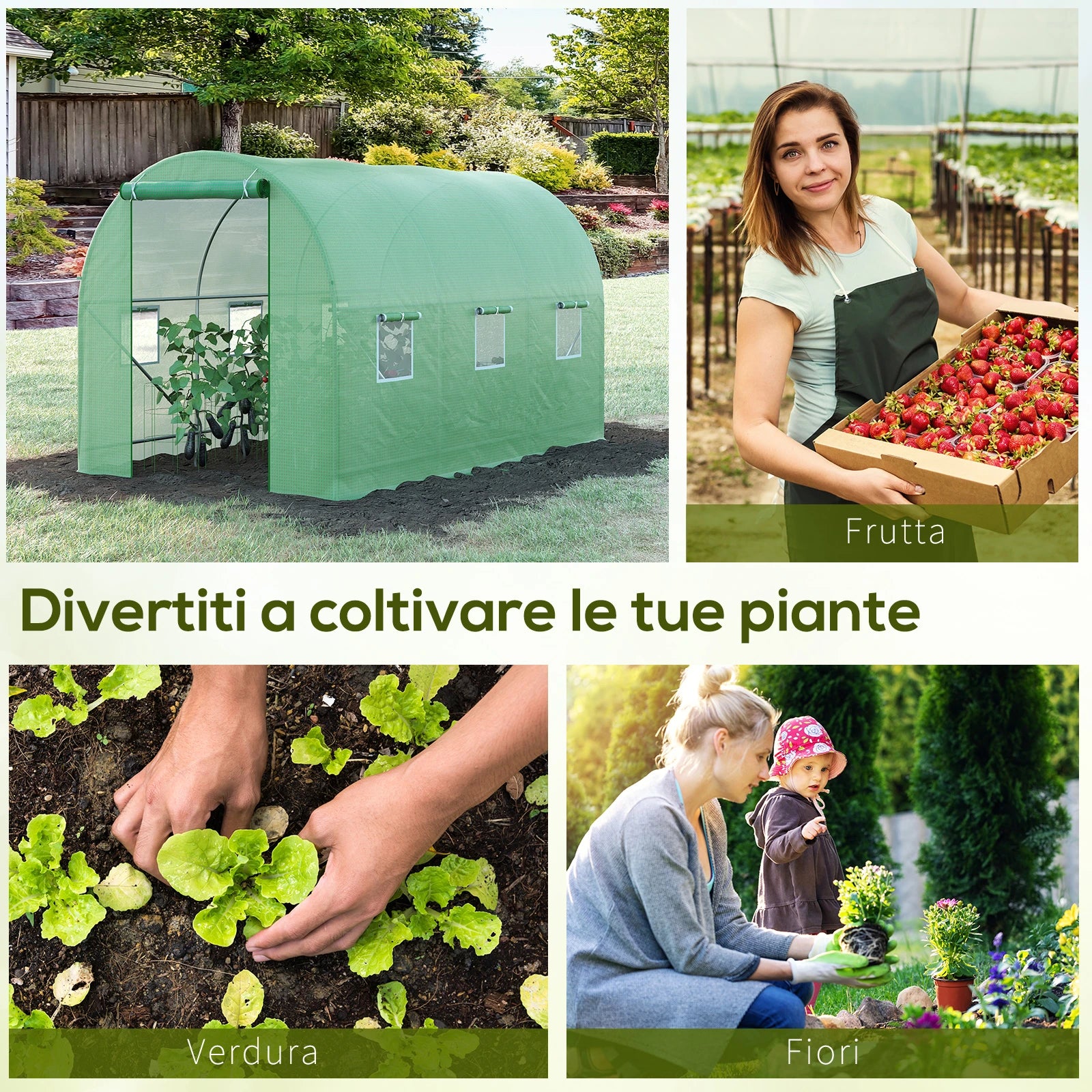 3.5x2x2m PE and Metal Tunnel Greenhouse for Vegetable Garden with 6 Windows and Roller Door, Green - Borge' Group Limited