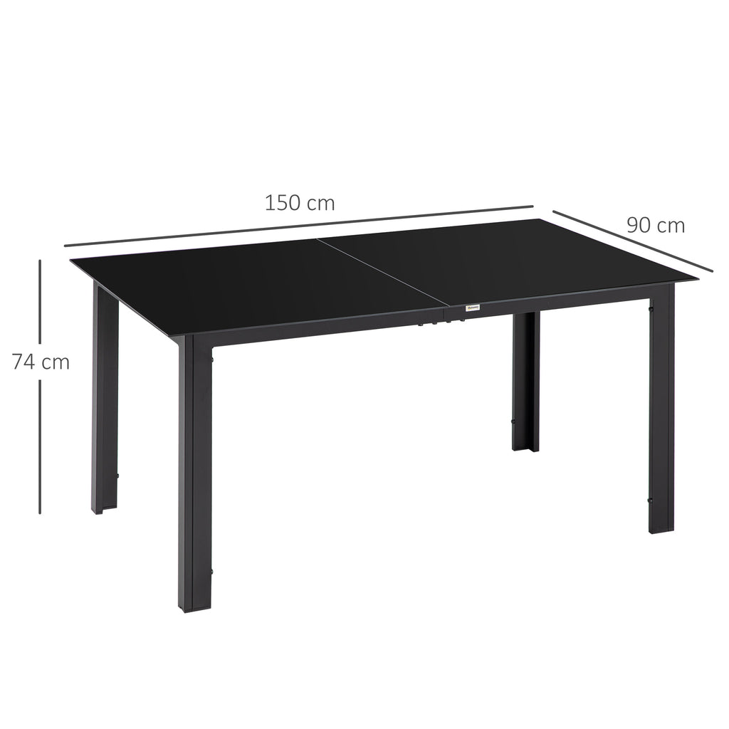 Outsunny Rectangular Garden Table for 6 People with Glass and Aluminum Top, 150x90 cm, Black