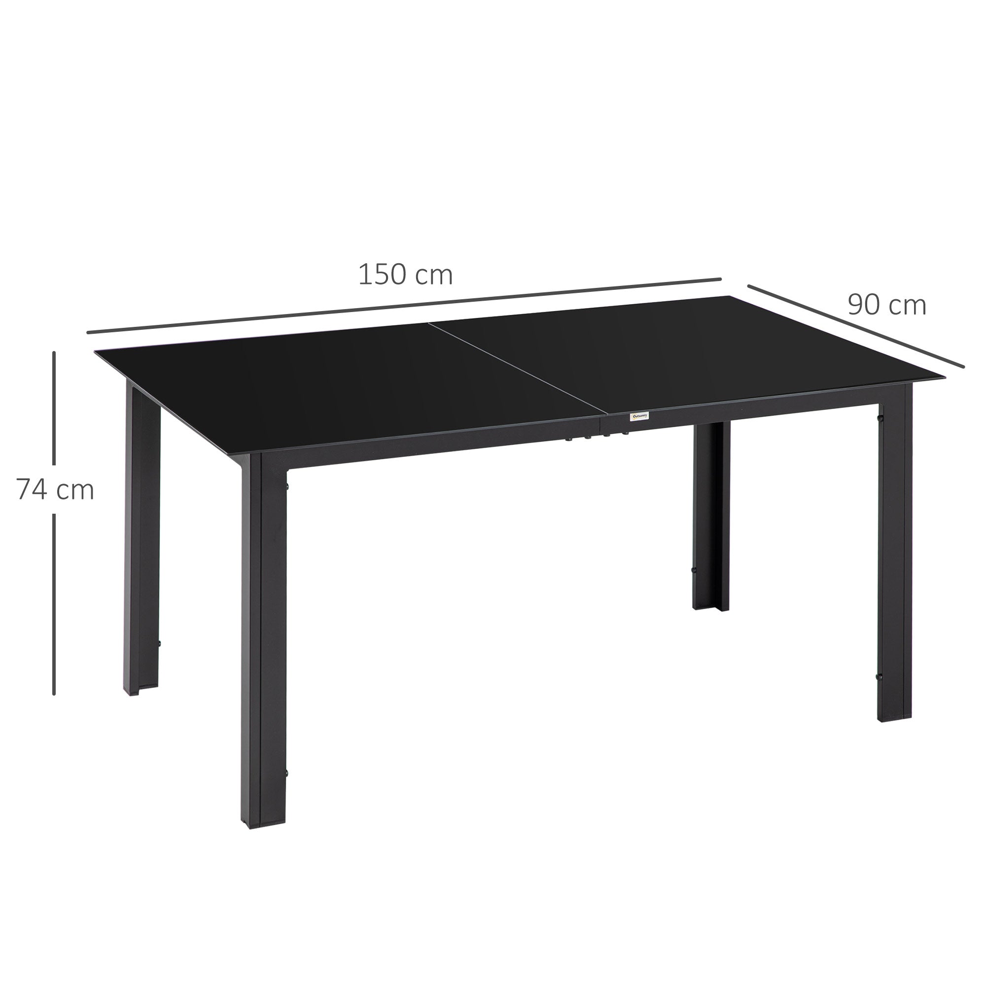 Outsunny Rectangular Garden Table for 6 People with Glass and Aluminum Top, 150x90 cm, Black