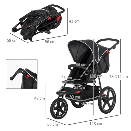 HOMCOM Foldable Stroller for Children 0-36 Months with Adjustable Roof and Storage Basket, 128x58x106 cm, Black