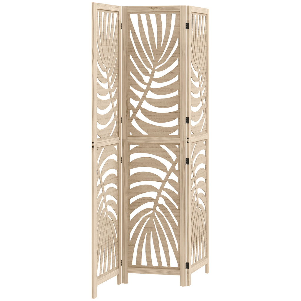 3-Panel Folding and Separable Wooden Room Divider, Leaf Design, 120x170 cm, Wood Color