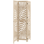 3-Panel Folding and Separable Wooden Room Divider, Leaf Design, 120x170 cm, Wood Color