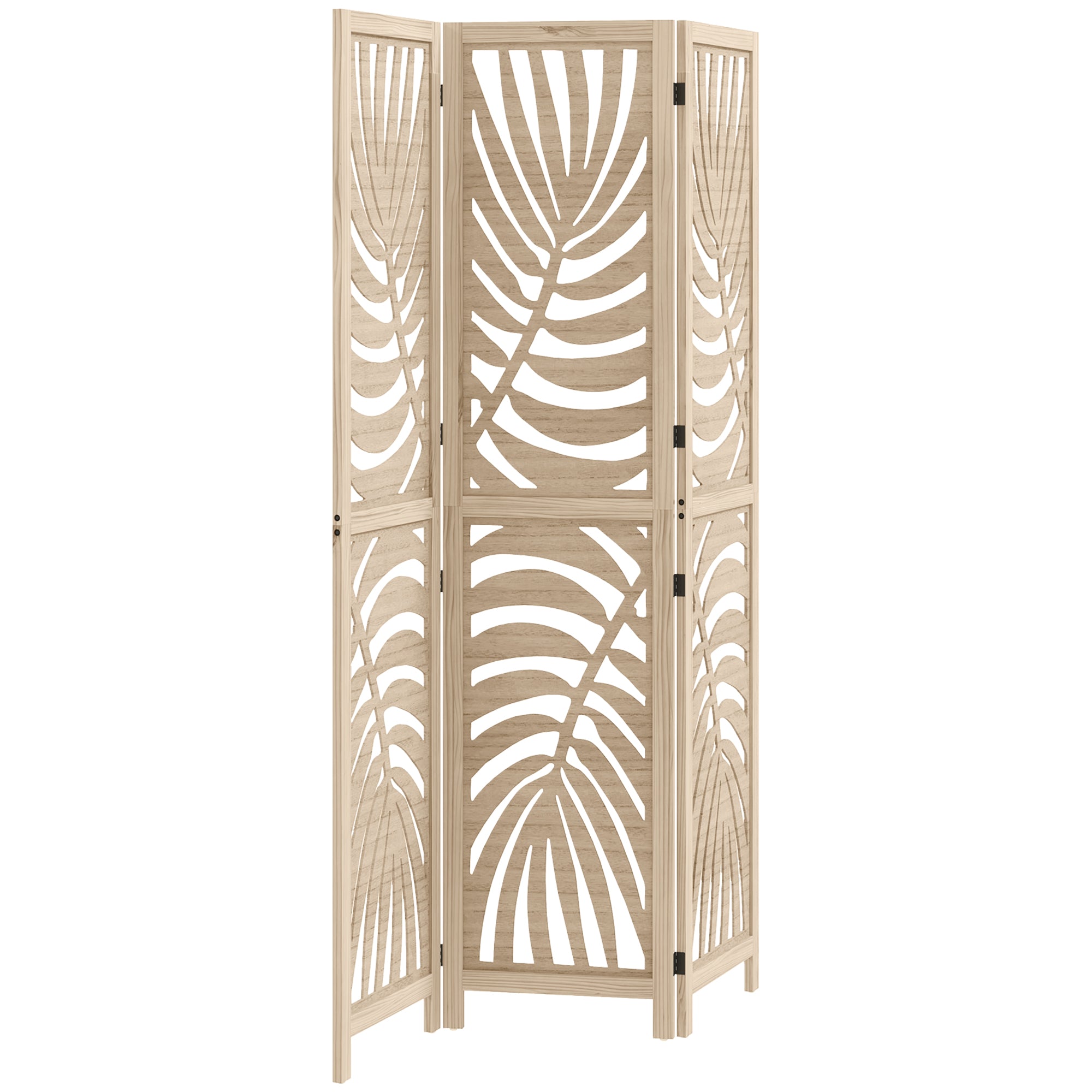 3-Panel Folding and Separable Wooden Room Divider, Leaf Design, 120x170 cm, Wood Color