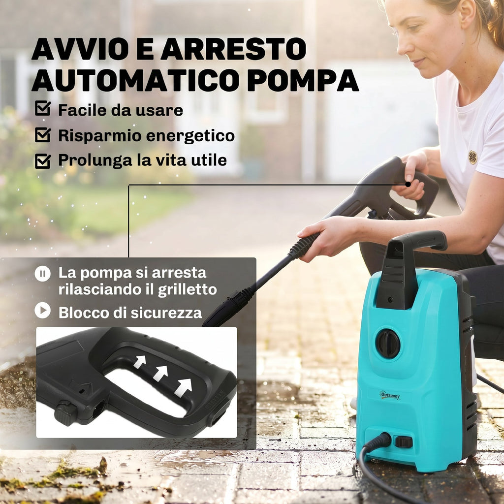 Outsunny 1500W High Pressure Washer with Adjustable Nozzle and Cleaning Kit, 20.5x19x40.4 cm, Blue