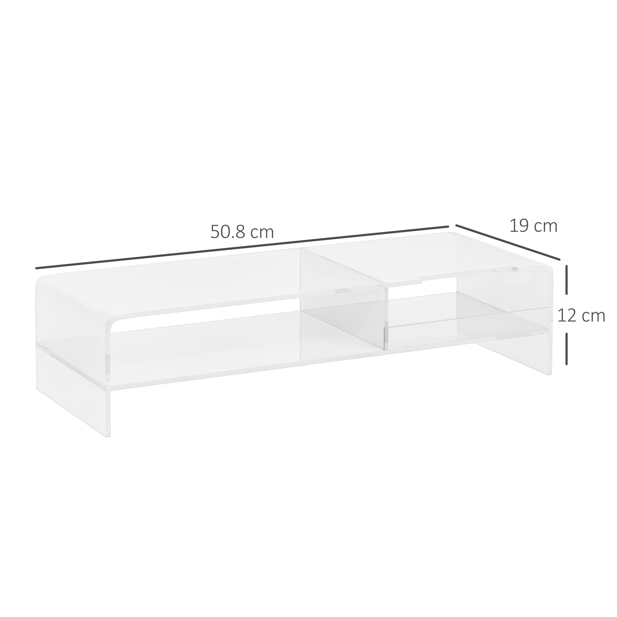 24" Max PC Monitor Stand with 2 Open Shelves, Transparent Acrylic, 50.8x19x12 cm