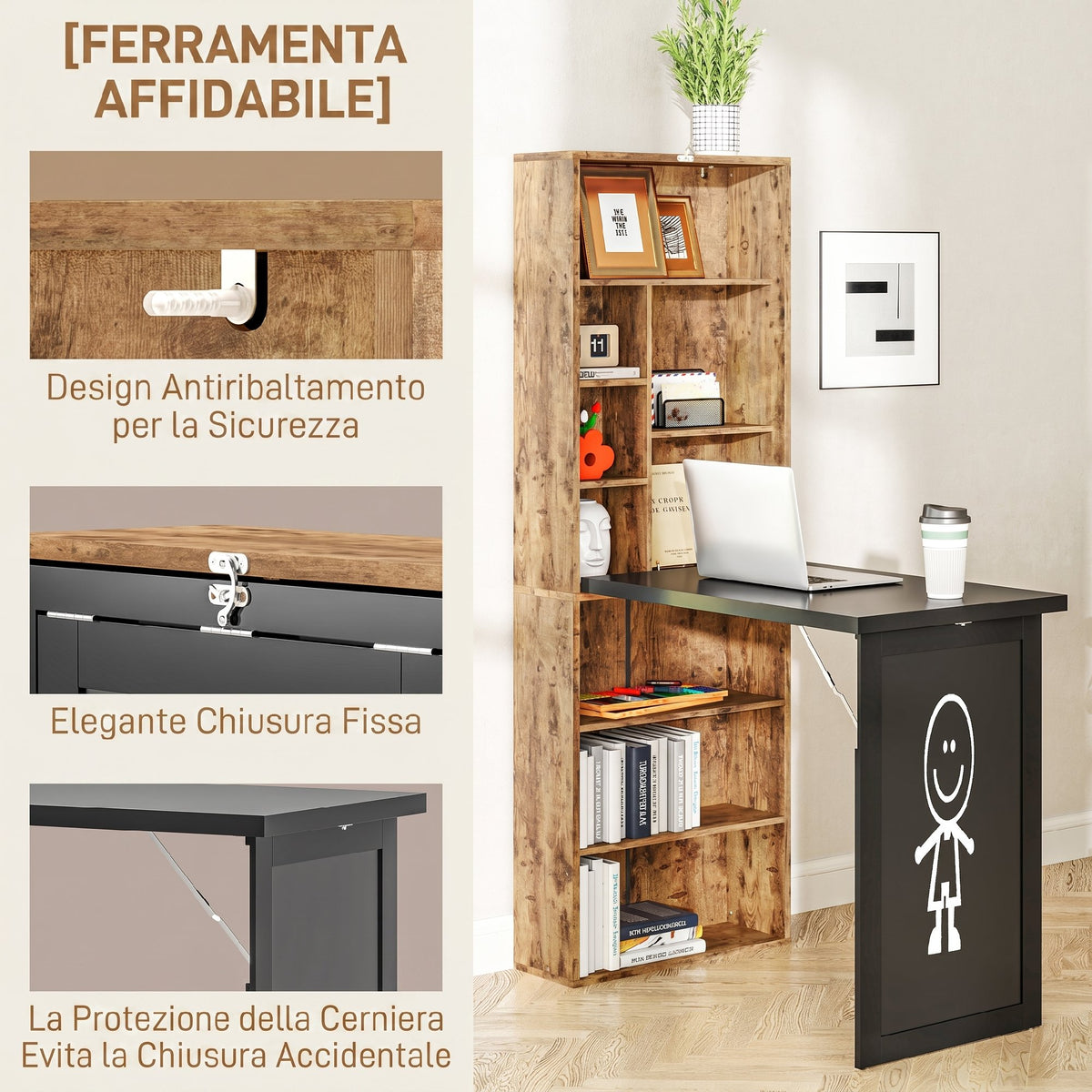 HOMCOM Modern Folding Desk with Bookshelf and Blackboard, Wood and Metal, 98x51x153 cm, Rustic Brown