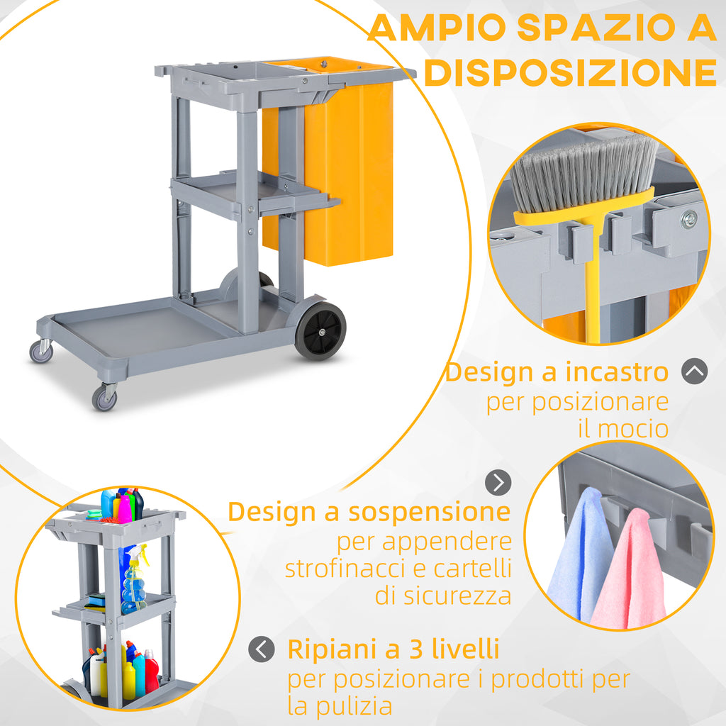 Professional Cleaning Trolley with 3 Shelves, Broom Hooks, 4 Wheels and 100L Bag, Orange 121 x 50.5 x 96.5cm