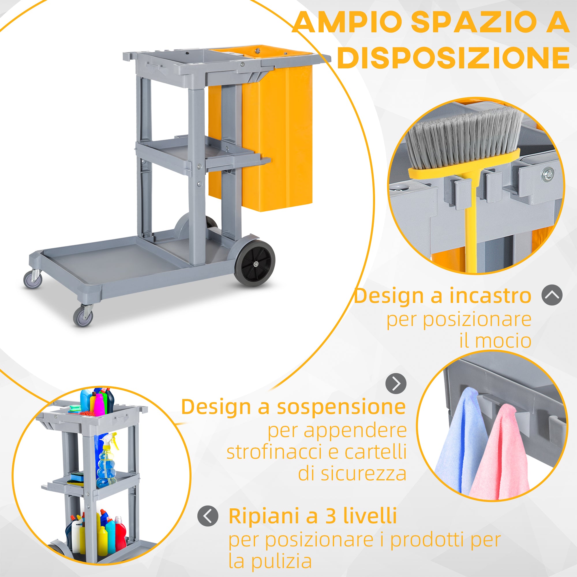 Professional Cleaning Trolley with 3 Shelves, Broom Hooks, 4 Wheels and 100L Bag, Orange 121 x 50.5 x 96.5cm