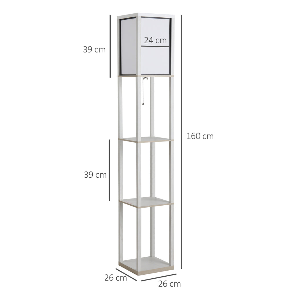 40W Floor Lamp with 3 Shelves and Foot Switch, Made of Wood and Acrylic, 26x26x160 cm, White