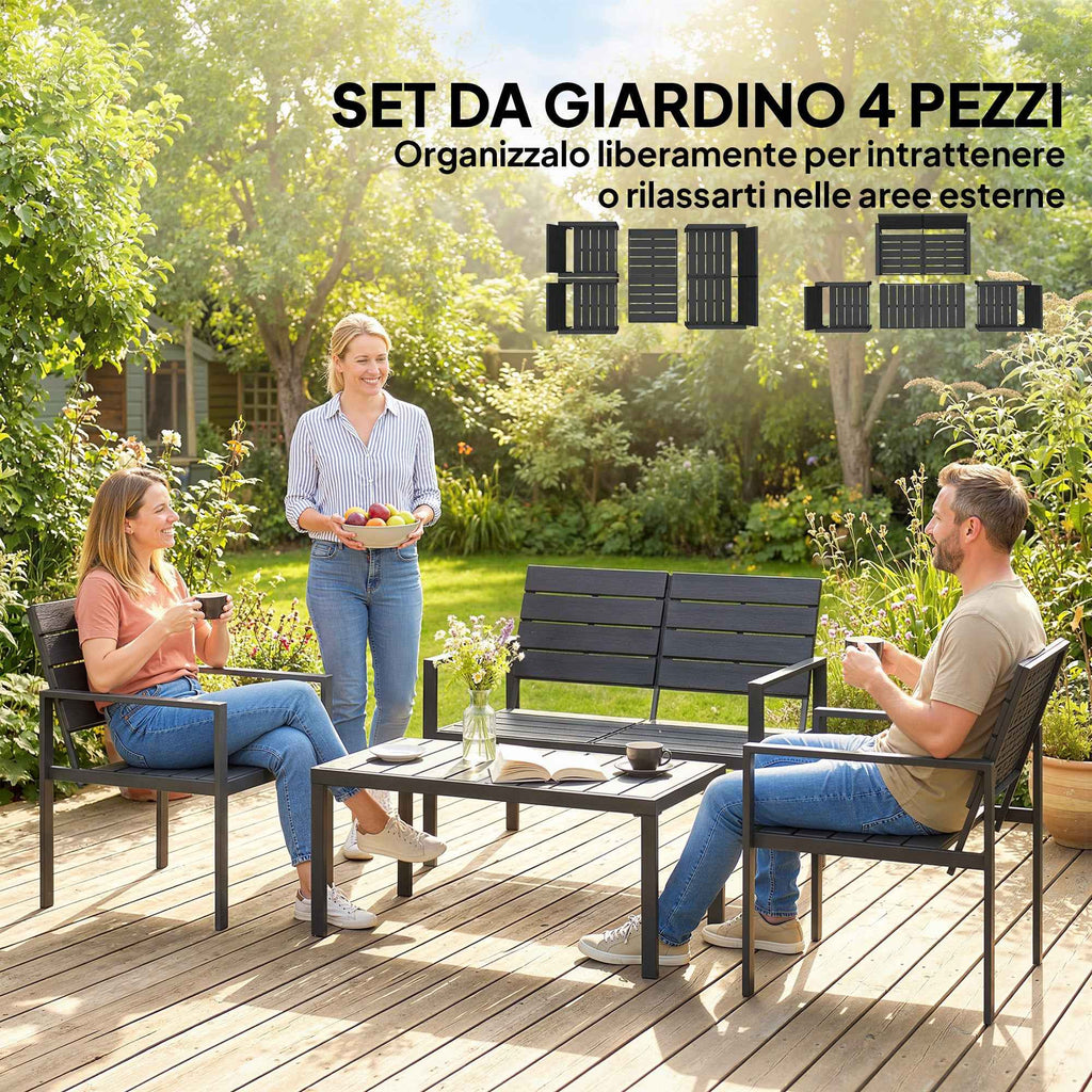 Outsunny 4-Piece Garden Lounge Set with Coffee Table, 2-Seater Sofa, and 2 Chairs, in HDPE and Black Metal