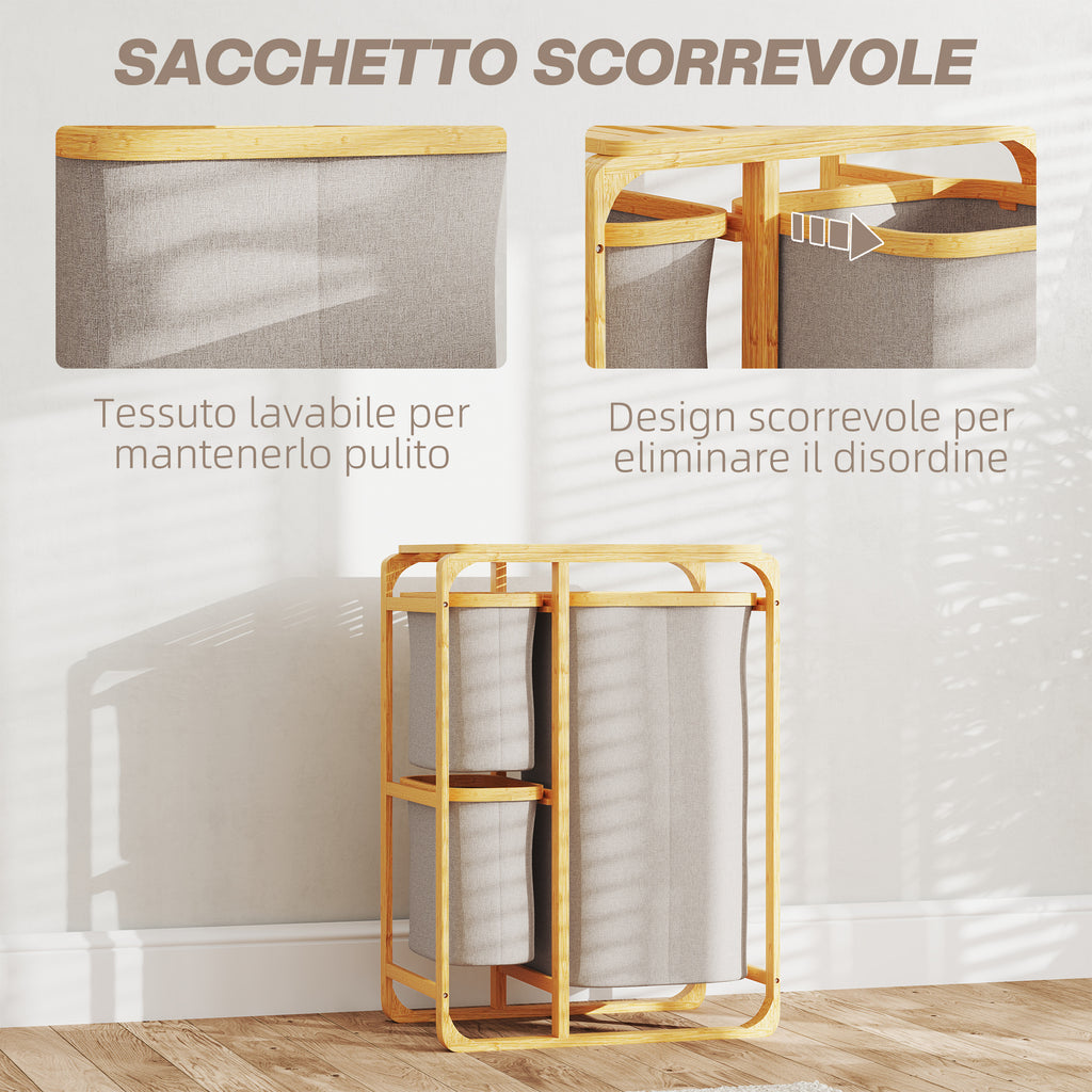 Bamboo Laundry Basket with 3 Bags and Removable Fabric Shelves, 50x32x69.7 cm, Bamboo and Cream