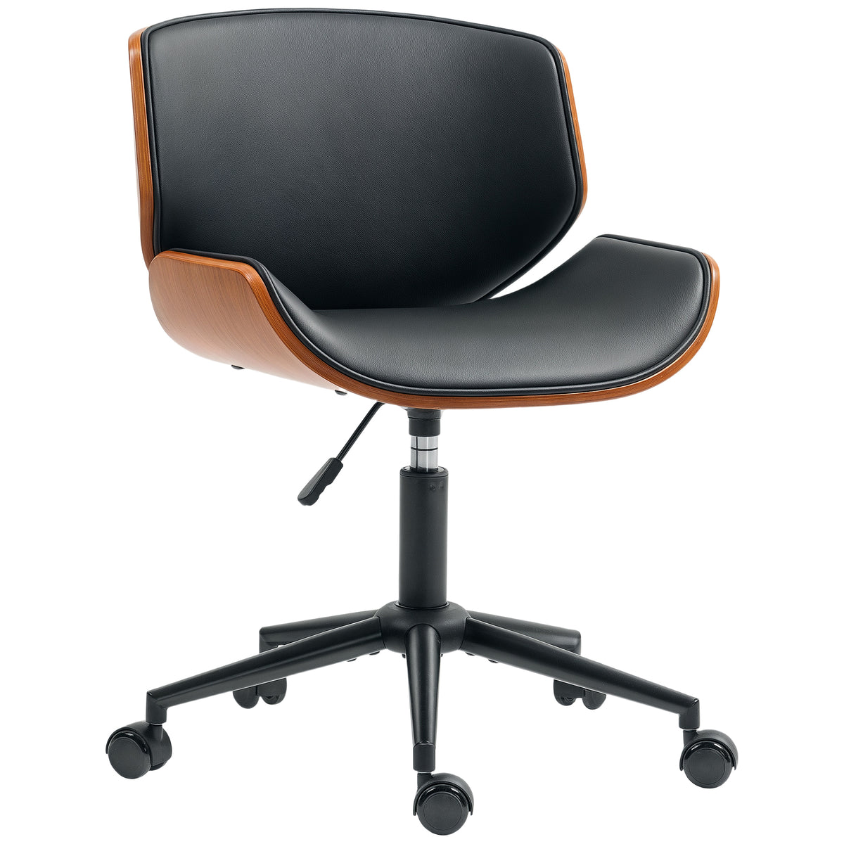 HOMCOM PU Leather Swivel Desk Chair, Armless with Adjustable Height, Mid-Century Modern Style, Black
