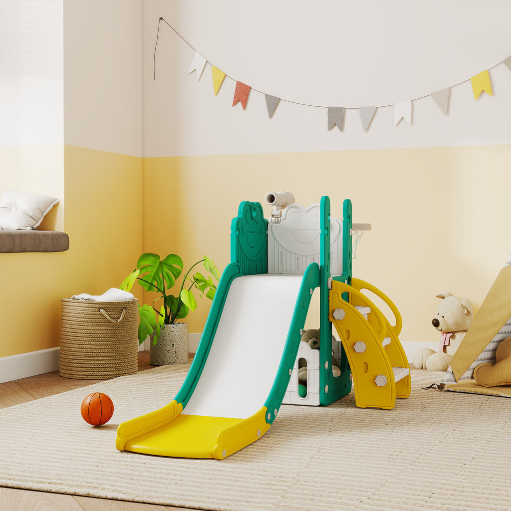 5-in-1 Kids Slide Set with Basketball Hoop, Ladder, and Toy Telescope, Ages 1-3 Years, Yellow