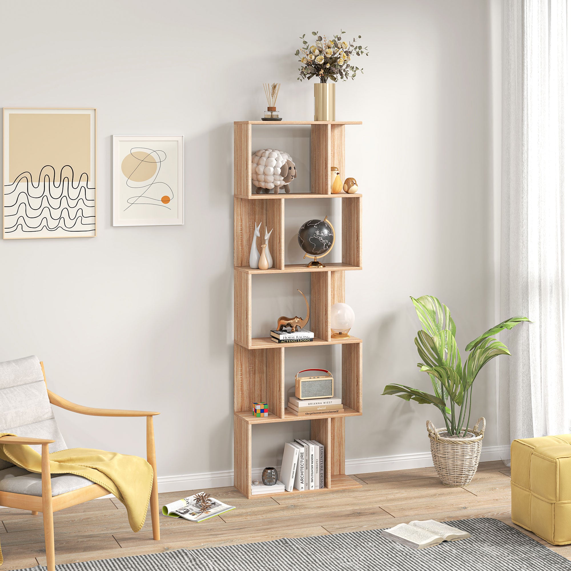 Wooden Bookcase Cabinet with 5 Shelves with Divider, 60x24x184.5 cm, Wood Color
