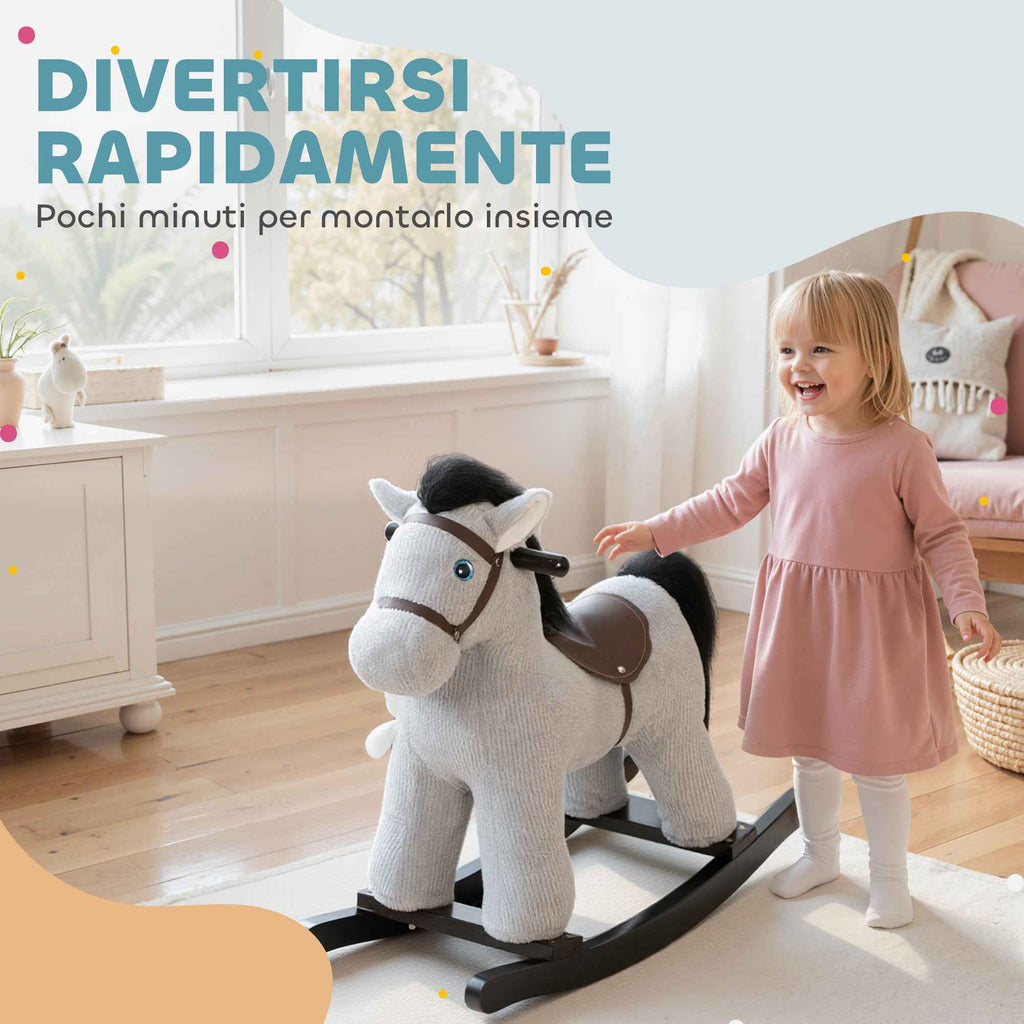 AIYAPLAY Rocking Horse with Sounds for Children 2-5 Years and Plush Animal Included, Wood and Steel, Grey