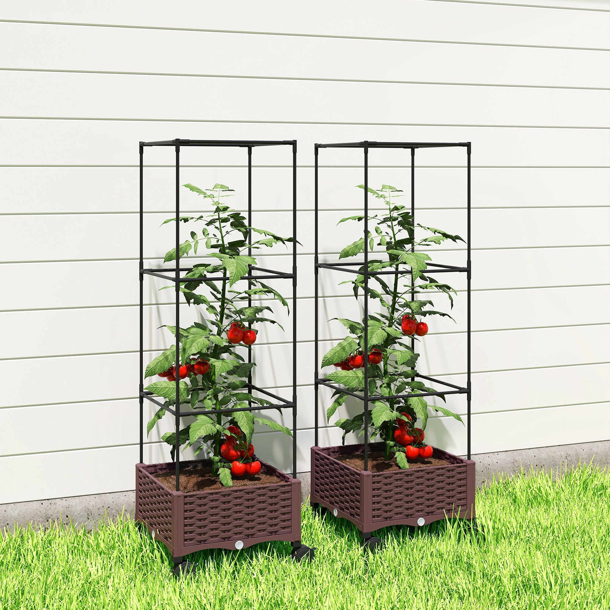 Outsunny 20L Raised Trellis Planter with Lockable Wheels and Self-Watering System, Brown