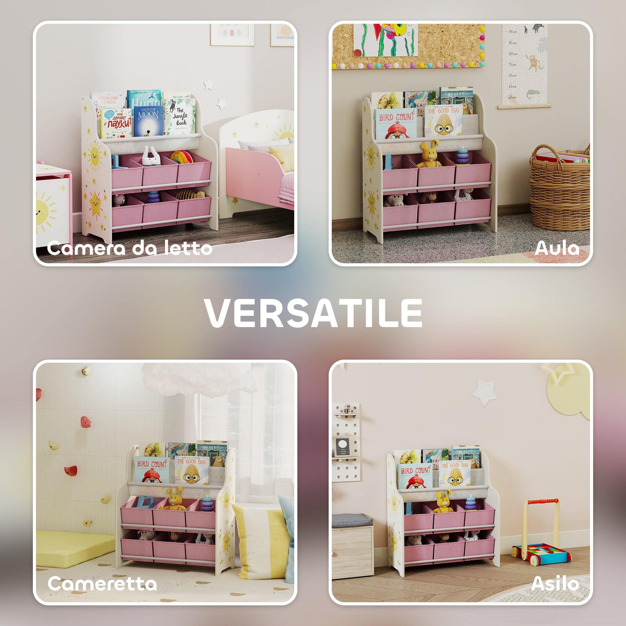 Toy Storage Shelf with 6 Fabric Drawers and 2-Tier Bookcase, Wood and Steel, 63x30x71 cm, Pink