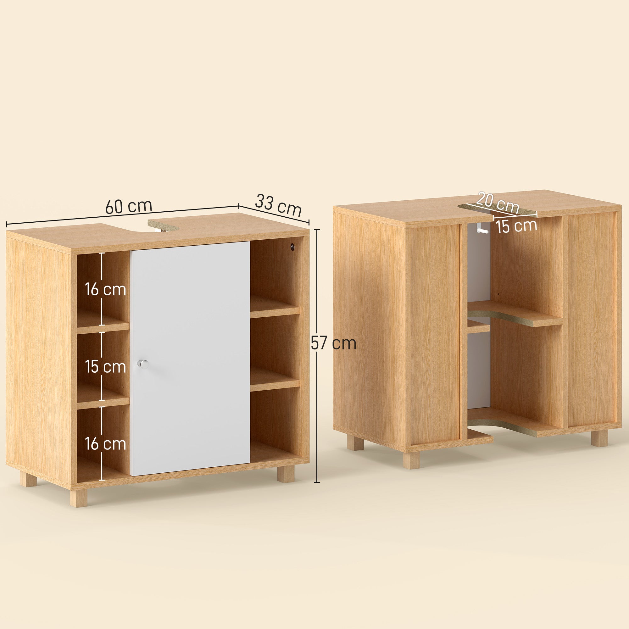 Bathroom Vanity Unit with 2 Soft-Close Doors and 6 Open Shelves, 60x33x57cm, White