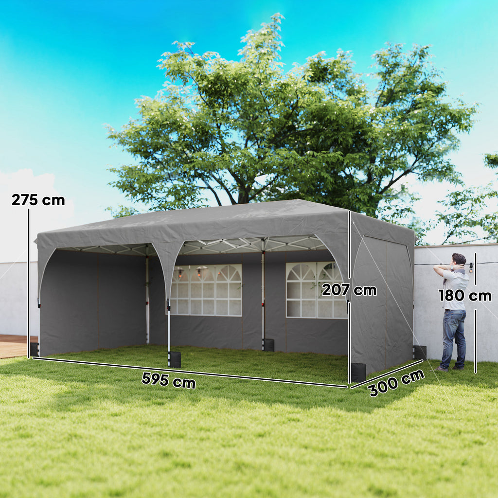 Outsunny 3x6m Folding Gazebo with Walls and Adjustable Height, UV Protection 50+, Light Grey