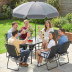 Outsunny 8-Piece Garden Set with Umbrella, 6 Folding Chairs and Tempered Glass Outdoor Table, Black