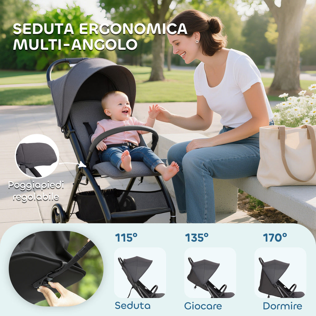Baby Stroller for 0-3 Years Old, Foldable and Lightweight with Adjustable Backrest, Canopy, Basket, Dark Grey