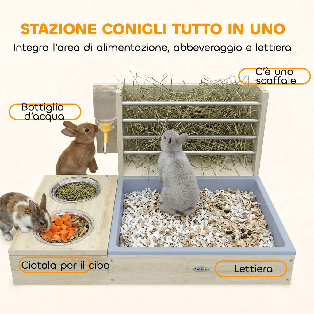 PawHut Hay Feeder with Hay Rack and Litter Box, Feeding Station, Natural Wood Color