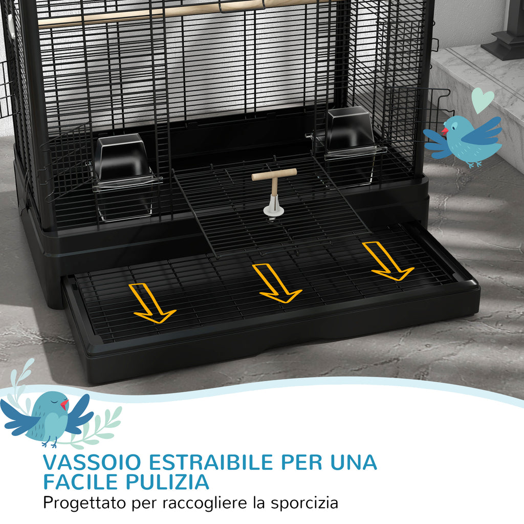 Bird Cage with Removable Tray and Perches, Parrot Aviary, 61x36.5x98cm, Black