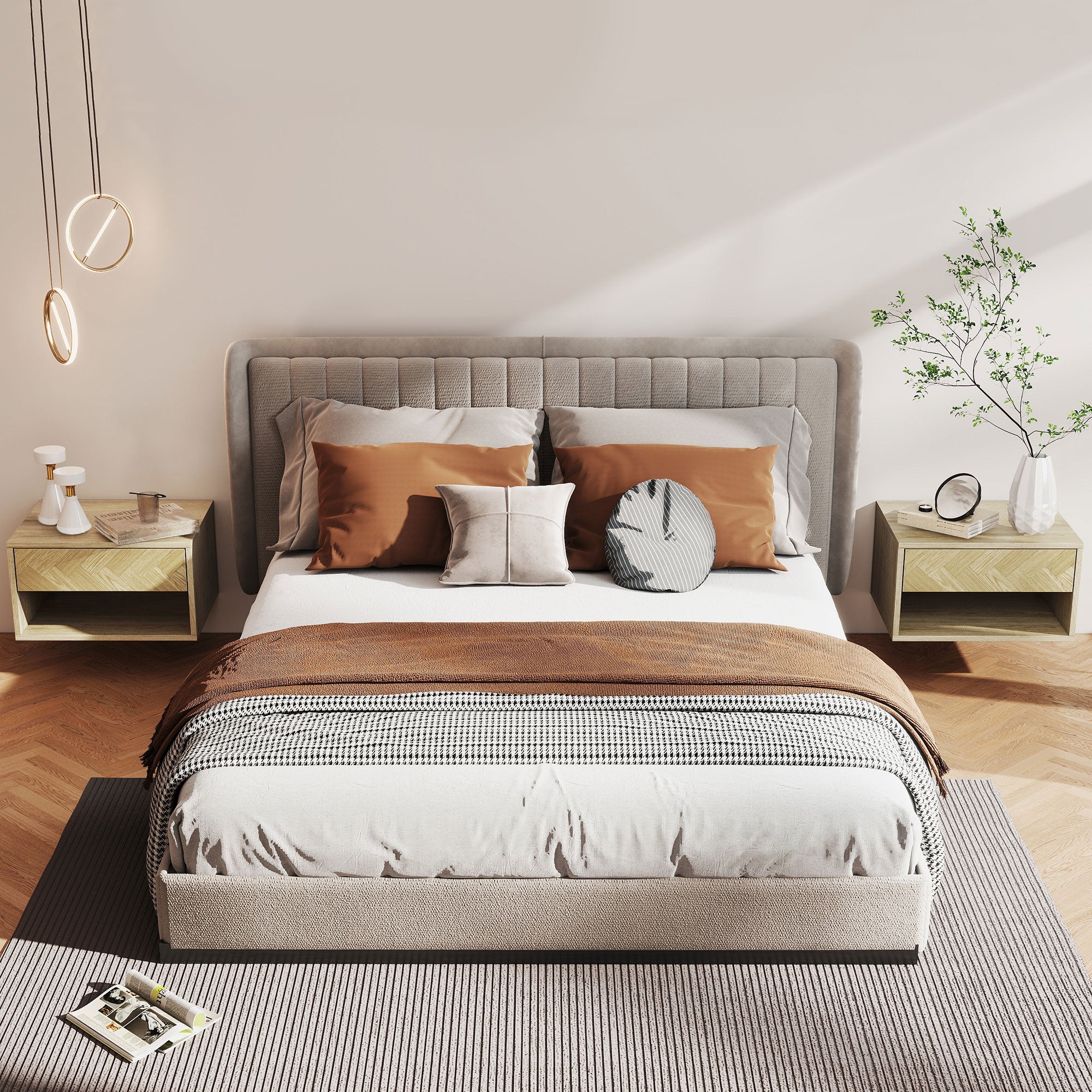HOMCOM Set of 2 Modern Floating Bedside Tables with Drawer and Open Compartment, 37x32x21 cm, Natural Wood