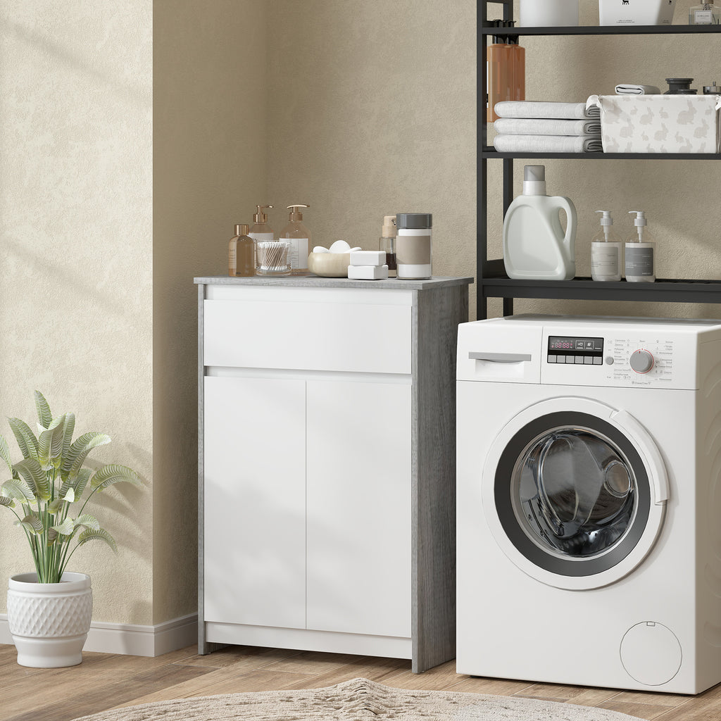 kleankin Freestanding Bathroom Cabinet with Drawer and Double Doors, Grey-White