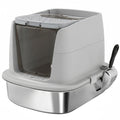 PawHut Stainless Steel Enclosed Cat Litter Box with Flip Lid, Double Door, Scoop, Light Grey