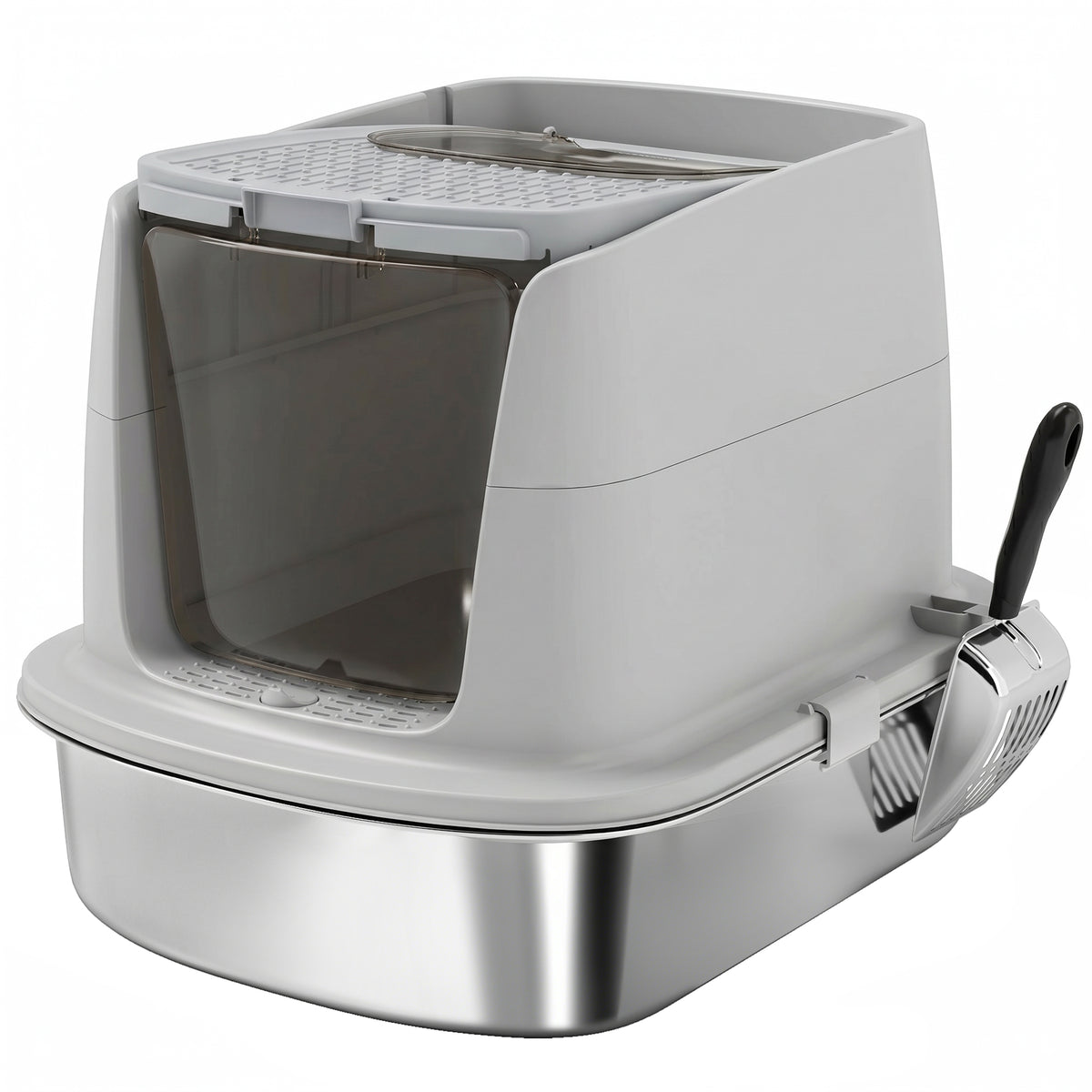 PawHut Stainless Steel Enclosed Cat Litter Box with Flip Lid, Double Door, Scoop, Light Grey