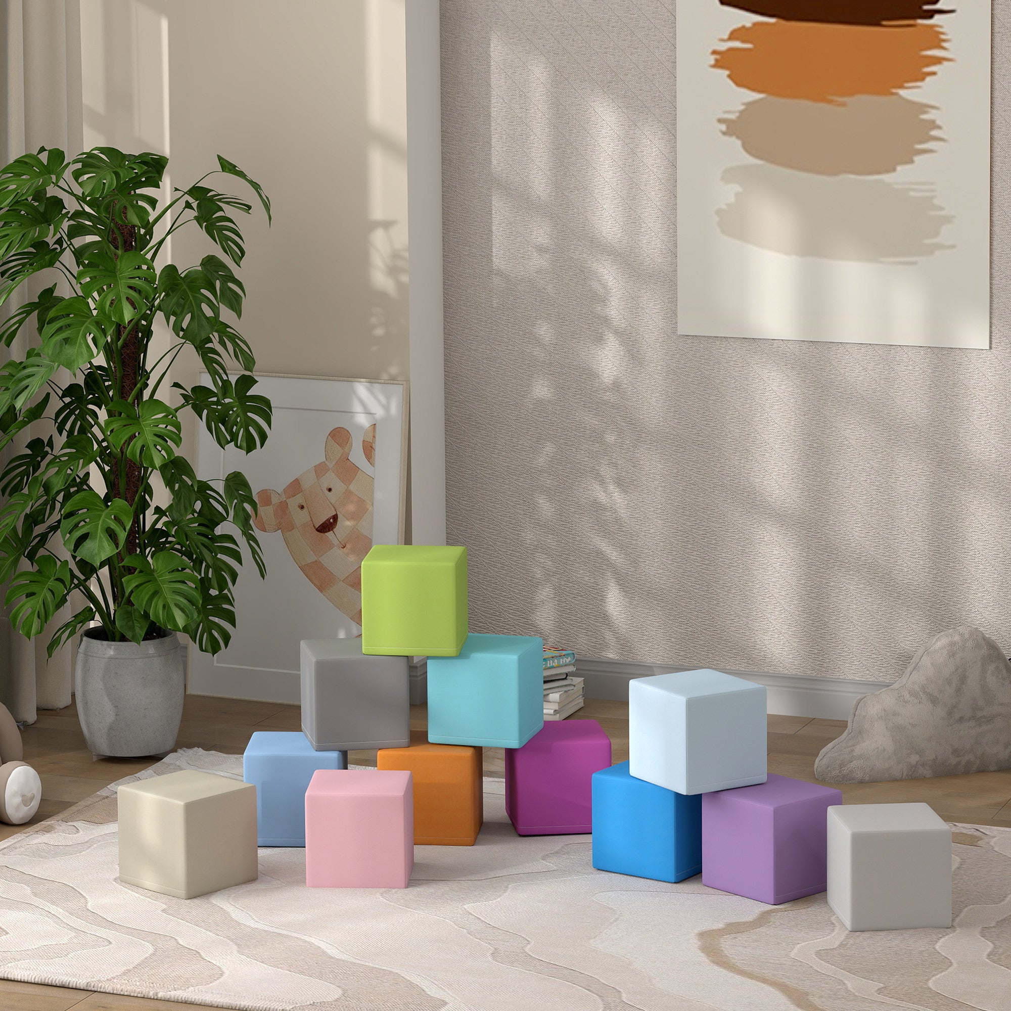 Set of 12 Soft Toy Cubes for Children 12-36 Months in PU and EPE, 20x20x20cm, Multicolored