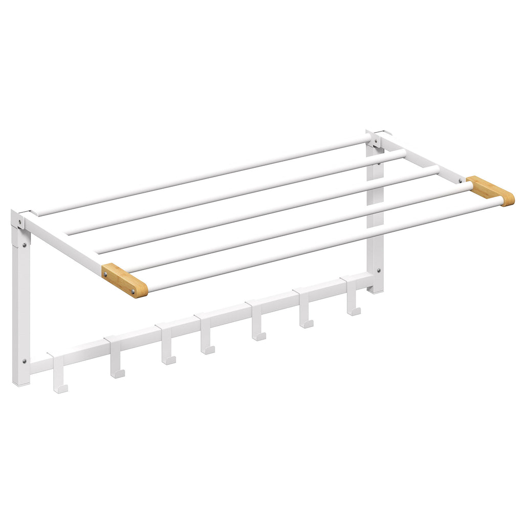 HOMCOM Folding Wall-Mounted Towel Rack with 5 Bars and 6 Hooks in Wood and Steel, 60x32.5x20 cm, White