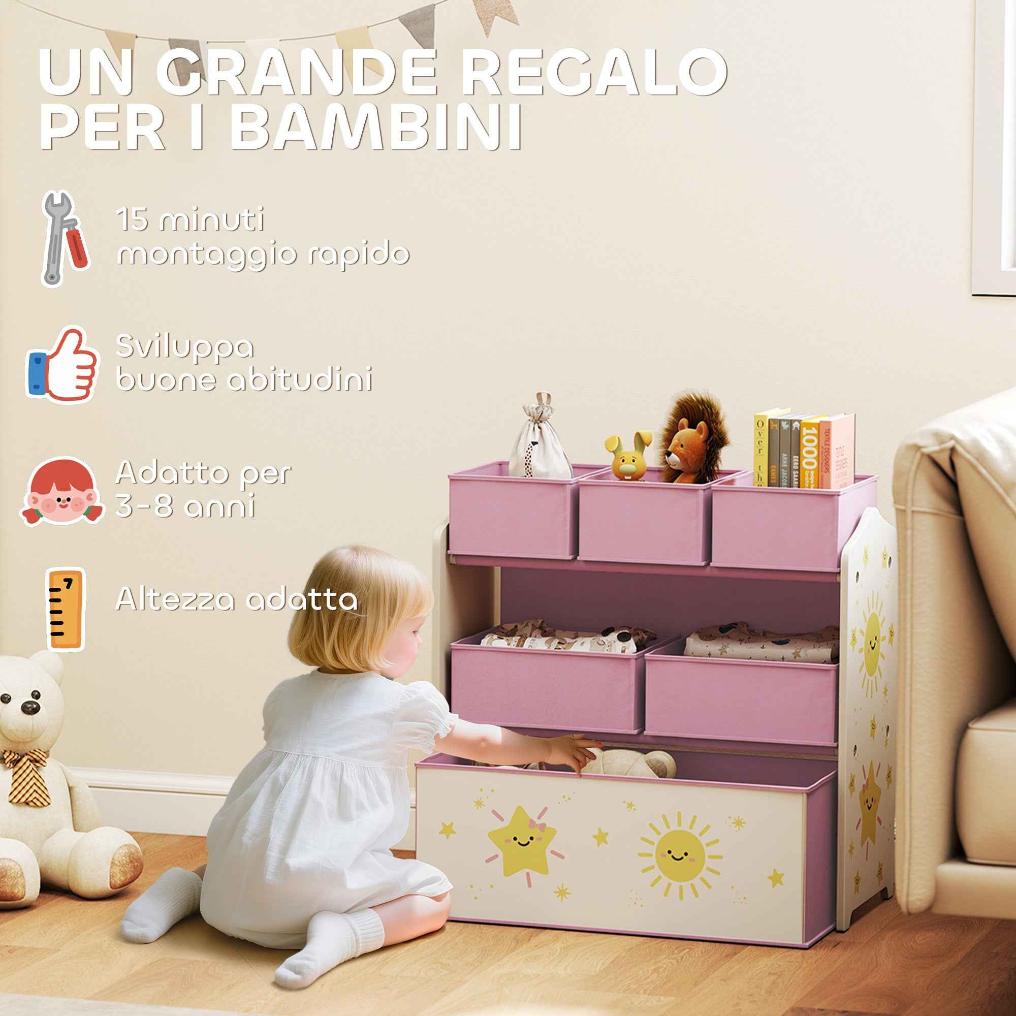 3-Tier Mobile Toy Storage Shelf with 6 Baskets, Pink