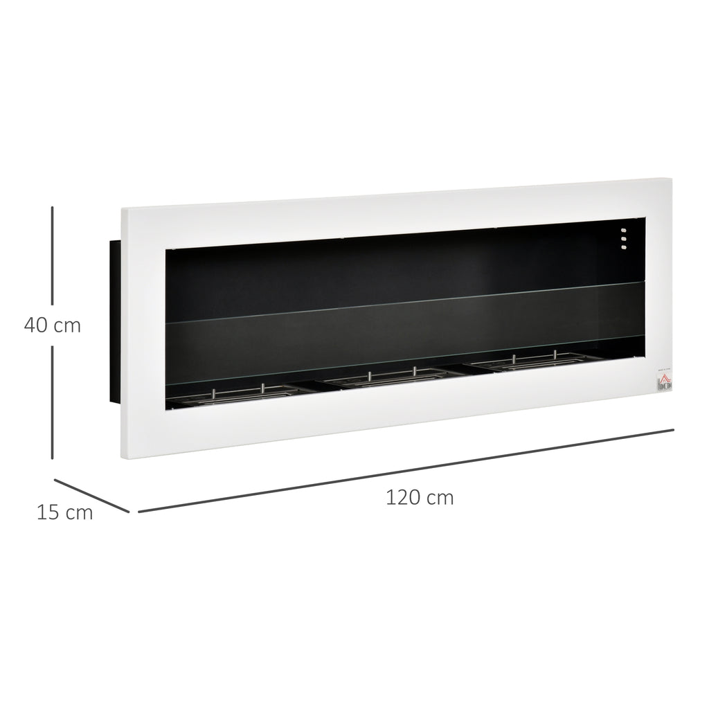 Wall-Mounted Bioethanol Fireplace with 3 x 1L Tanks and 20m² Coverage, Steel and Glass, 120x15x40 cm, White