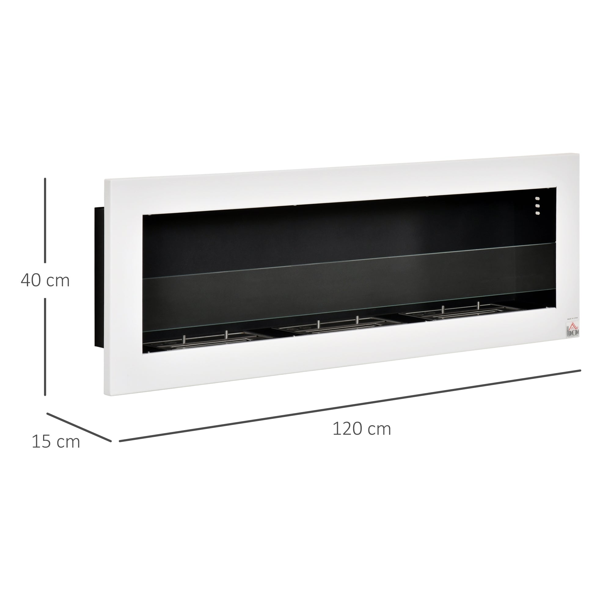 Wall-Mounted Bioethanol Fireplace with 3 x 1L Tanks and 20m² Coverage, Steel and Glass, 120x15x40 cm, White