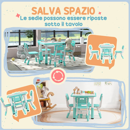 Children's Table and Chair Set 5pcs with 4 Adjustable Chairs 32x36x52.5-56 cm and Table 60x60x46-58 cm, Green