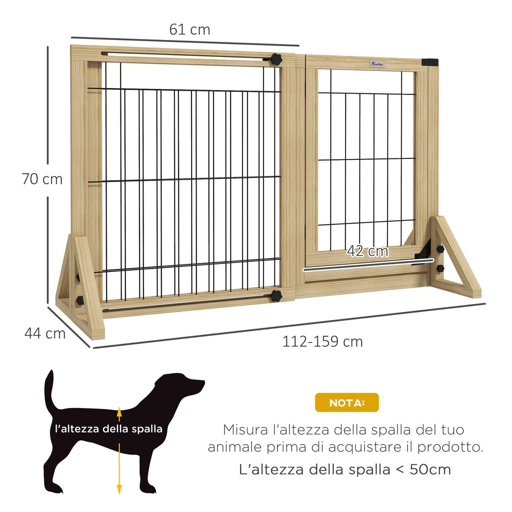 PawHut Extendable Dog Gate with Door and 2 Panels, Triangular Feet, 112-159x70 cm, Natural Wood